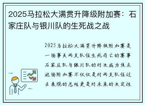 2025马拉松大满贯升降级附加赛：石家庄队与银川队的生死战之战